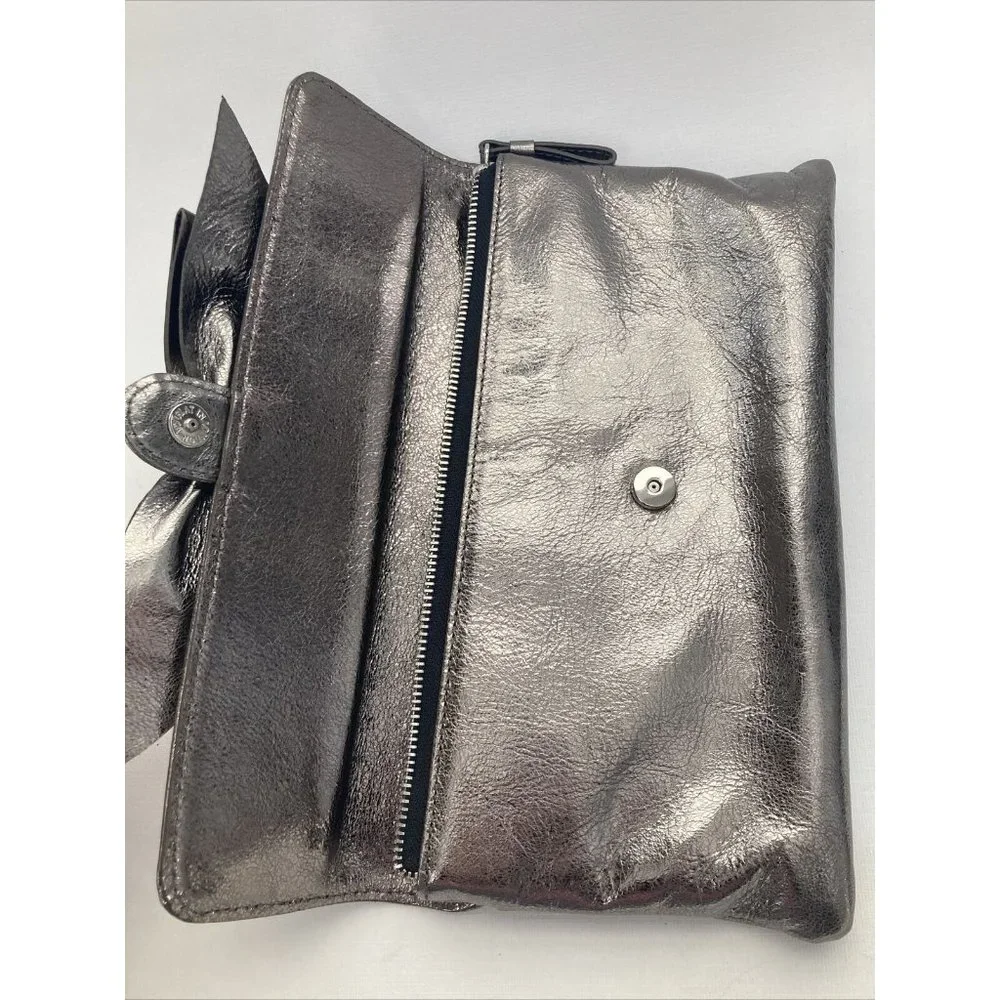 Metallic Pewter Bow Clutch with Jeweled Crown Accent